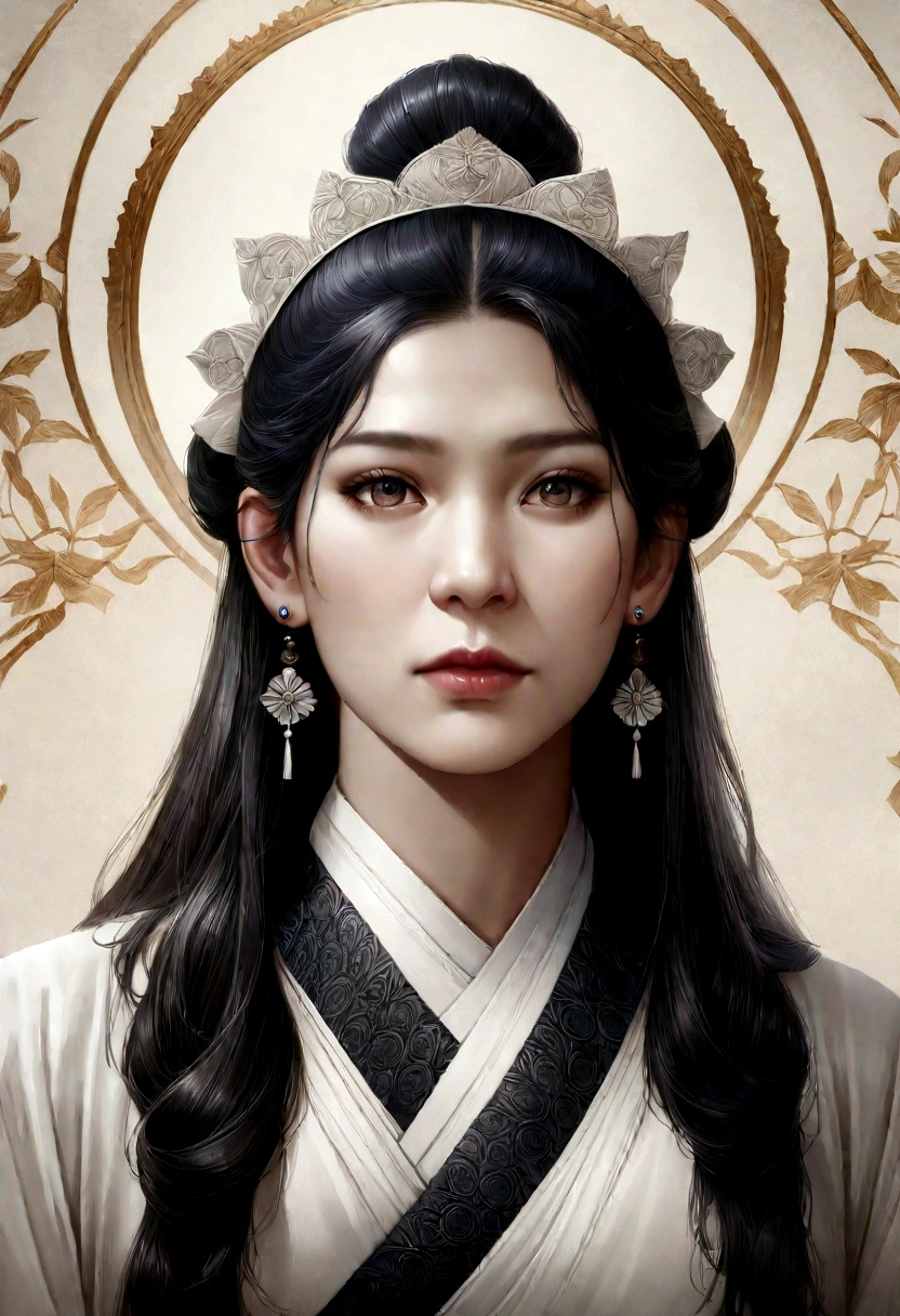 Gyeongbokgung, (masterpiece), (detailed), (intricate details), (realistic, realistic:1.37),illustration, very delicate and beautiful, 매우 detailed, CG,unity, 8K wallpapers, amazing, fine details, Extremely fine CG Great unity 8k, 매우 detailed, high resolution, 매우 detailed, 매우 detailed eyes and face, upper body, View viewer, 1 girl, (18 years old), pale skin, black hair, pony tail, hairpin, part, headdress, earring, floral pattern, white hanbok, slim body,