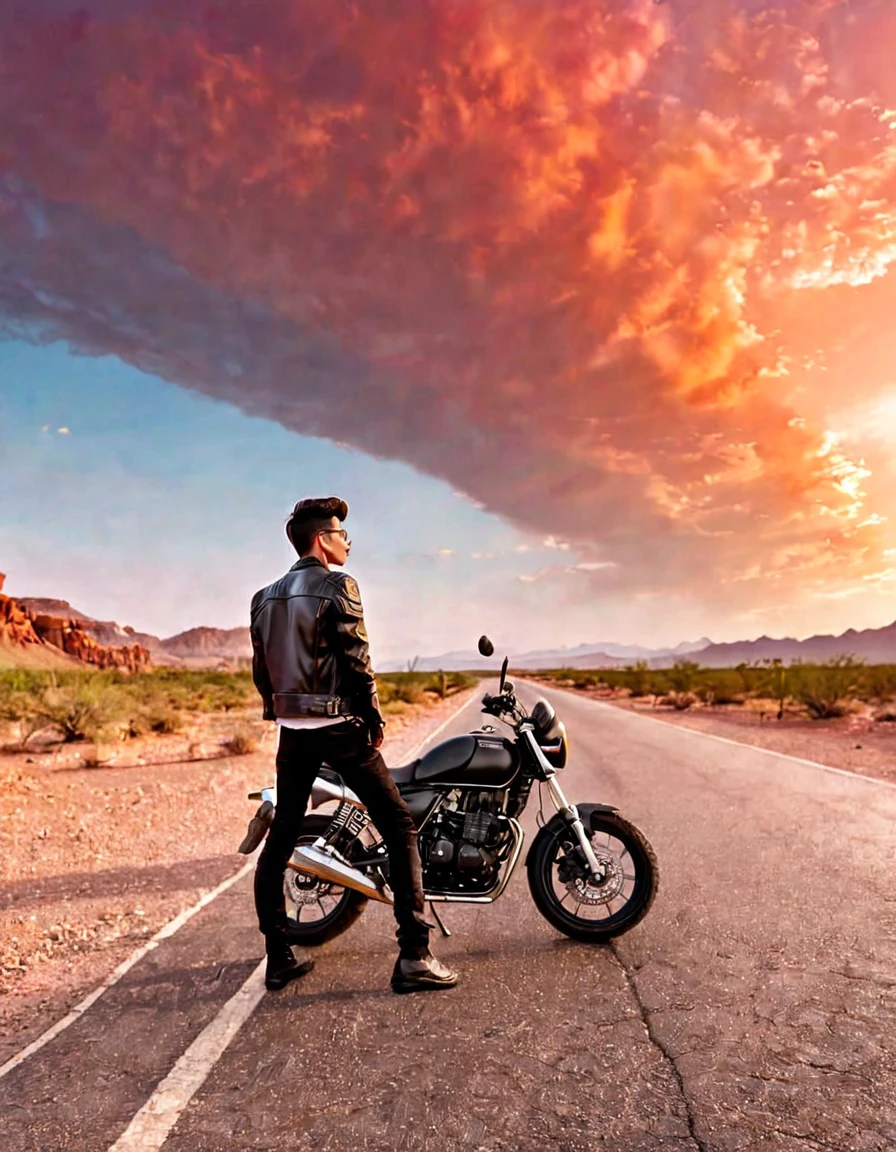 In the desert,A road winding into the distance,Summer,very hot,Summer炎炎,There are orange rocks beside the road,Red sky,A young man in a black leather jacket stands in the middle of the road,Leaning against the motorcycle。