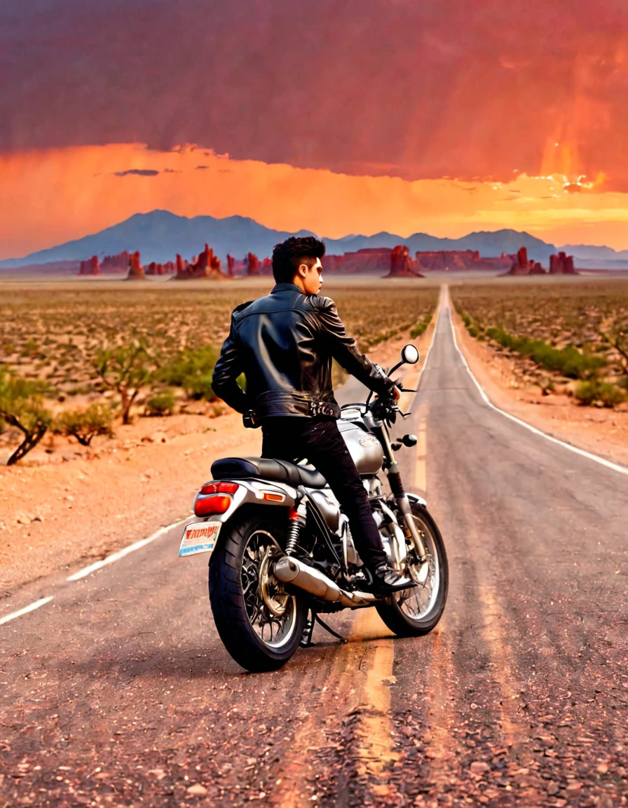 In the desert，A road winding into the distance，Summer，very hot，Summer炎炎，There are orange rocks beside the road，Red sky，A young man in a black leather jacket stands in the middle of the road，Leaning against the motorcycle。