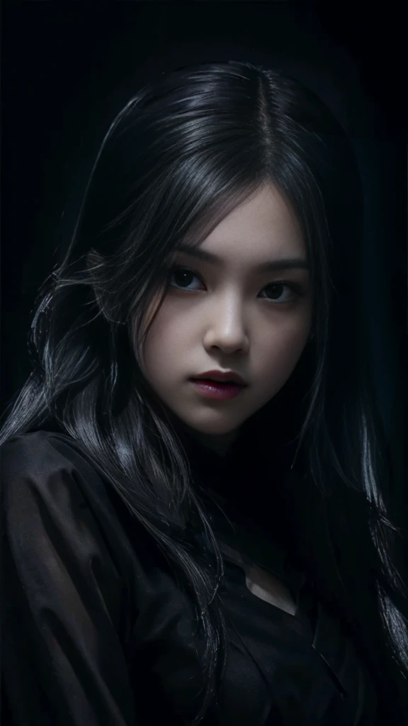 (best quality, highres:1.2), realistic, black dress, black hair, dark theme, black background, dark ninja, intense gaze, elegant posture, flowing dress, detailed facial features, long eyelashes, contrast, fine details, dramatic atmosphere, gothic style, intense emotions, monochrome color palette, captivating setting, haunting beauty, artistic photography, everything is black
