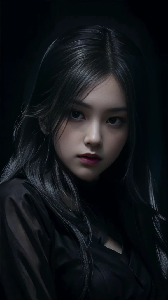 (best quality, highres:1.2), realistic, black dress, black hair, dark theme, black background, dark ninja, intense gaze, elegant posture, flowing dress, detailed facial features, long eyelashes, contrast, fine details, dramatic atmosphere, gothic style, intense emotions, monochrome color palette, captivating setting, haunting beauty, artistic photography, everything is black
