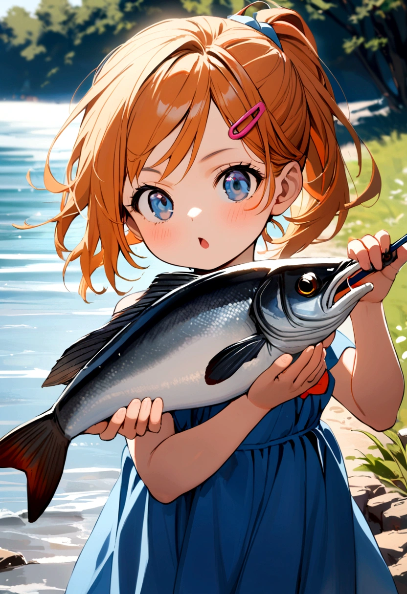 6 year old girl, orange hair, shoulder length ponytail, pink clip, dark blue eyes, blue dress, catch fish