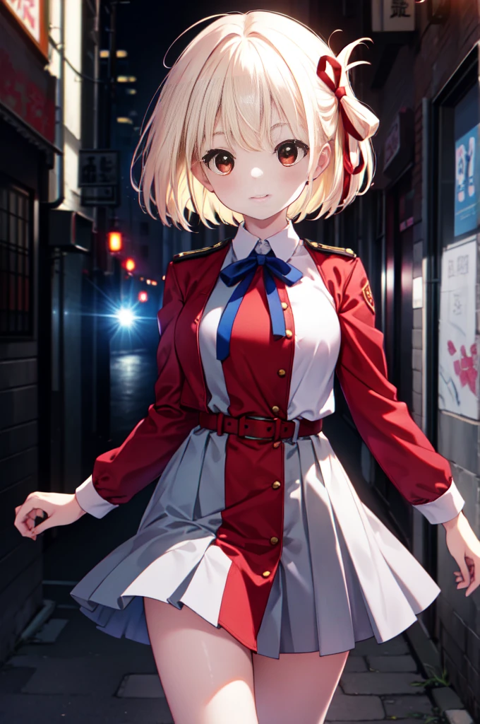 Nishikigi chisato, short hair, bangs, Blonde, (Red eyes:1.5), hair ribbon, One side up, Bobcut,smile,victory,
break shirt, Long sleeve, dress, ribbon, White shirt, Collared shirt, belt, neck ribbon, red dress, blue ribbon, pleated dress, grey dress, two-tone dress, red belt, Uniform Sake,Target, Has a pistol, Handgun, 膝を地面に着けている
break outdoors, city,alley,
break looking at viewer, (Cowboy Shot:1.5),
break (masterpiece:1.2), Highest quality, High resolution, unity 8k wallpaper, (shape:0.8), (Beautiful and beautiful eyes:1.6), Highly detailed face, Perfect lighting, Highly detailed CG, (Perfect hands, Perfect Anatomy),