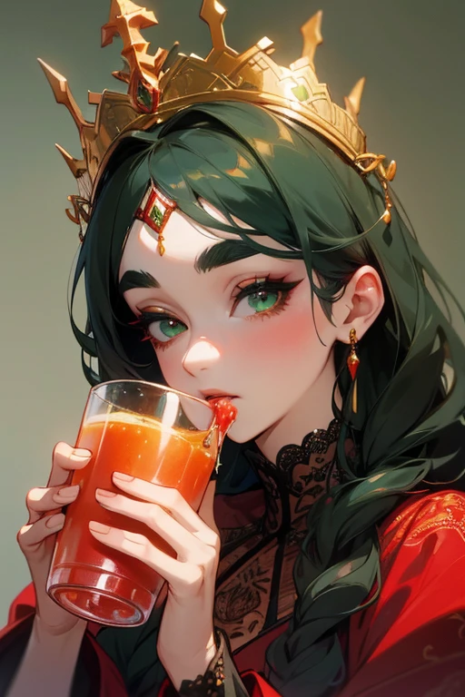 (Highest quality, masterpiece:1.2), High resolution, Very detailed, Realistic:1.37, Fantasy, An illustration, Green Eyes、Queen, Red lace dress.Platinum decoration、beautifully、Eyeshadow Red、Thick eyebrows、Long eyelashes、pupils are black、Her hair is dark green、Gold crown、Kissing Face、Embarrassing、Beloved by the crowd、Hair is green、Braiding、hair ornaments、((Drink juice))