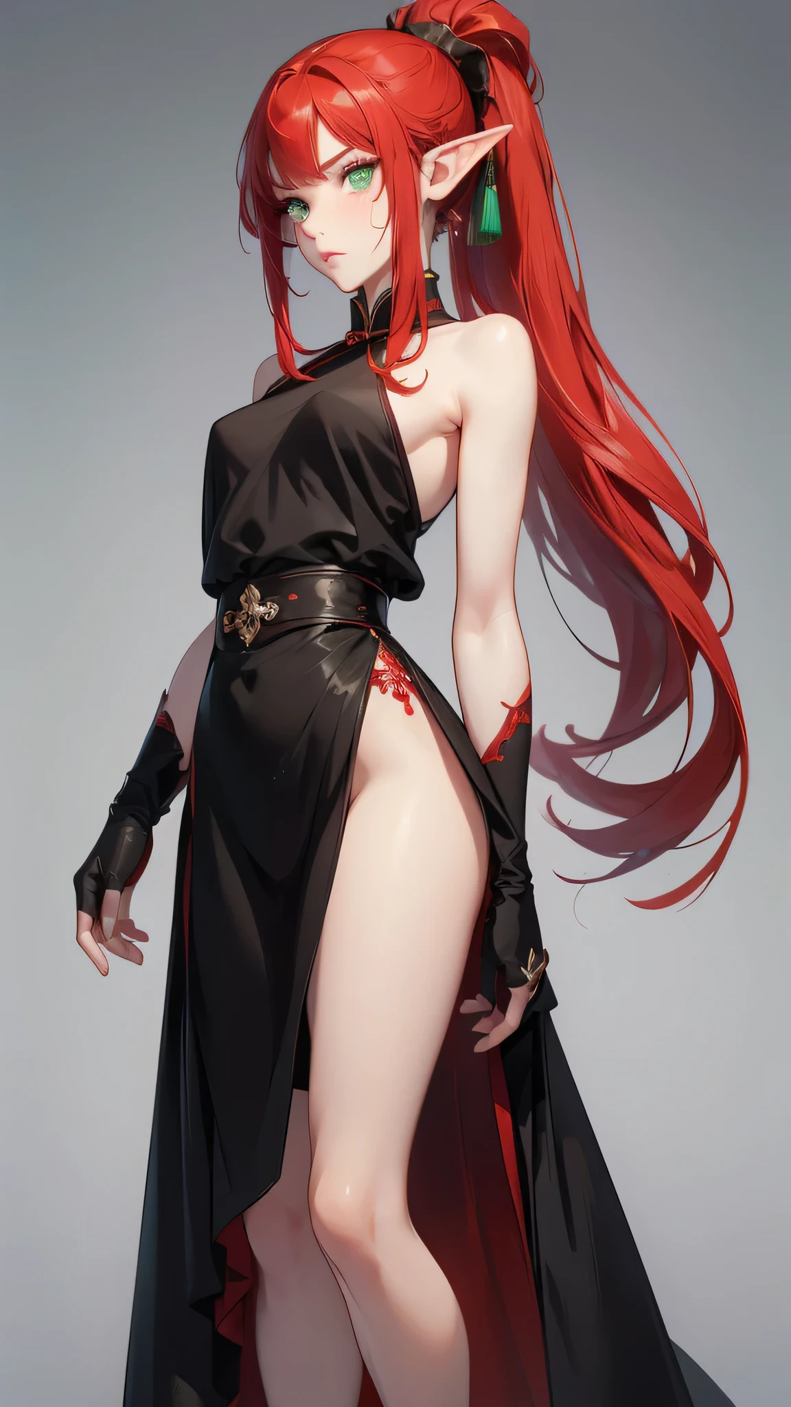 work of art, best qualityer, ultra epic details, (long scarlet red hair), purple iris eyes, Chinese hair, (emanating purple rays), black leagwear, forest in the background, rosto angelical ((Face ultra detailed)), (perfects eyes), frowning eyes, tied up hair, flushed skin, serious expression 