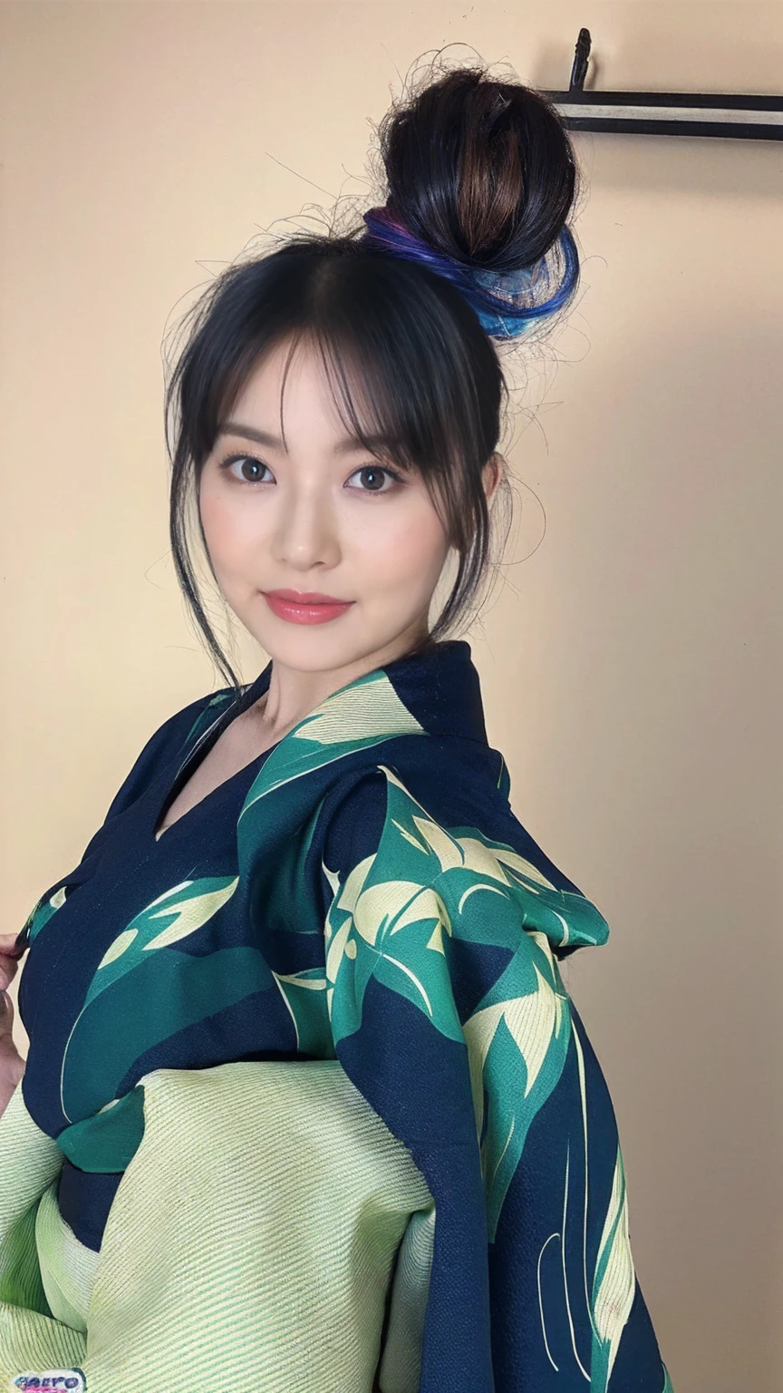 (masterpiece, Highest quality, High resolution:1.4), wallpaper, whole body, One girl, Long Hair, (Blue Hair:1.0), (Black Hair:1.0), Green Eyes, Multicolored Hair, Gradient Hair, Large Breasts, Turn to the side, yukata , Have a popper, night, Hair Clip, bangs,