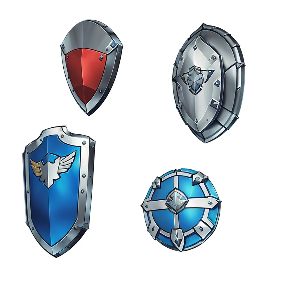 a close up of a bunch of different shields on a white background, shields, shield design, shield, fantasy shield, armor elements, shield, holding weapon and shield, riot shields, RPG Game Items, metallic shield, Game Assets, game icon asset, video Game Assets, pokemon sword and shield, 2 d Game Assets, weapons and armors