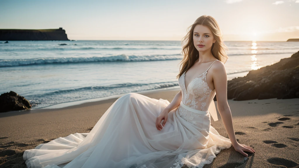 an icelandic woman with beautiful Delicate eyes, Beautiful and delicate lips, Extremely detailed face and skin, Pale skin, 23 years old,Wearing a beautiful wedding dress, medium long shot, Sitting on the beach by the sea, beautiful, natural posture,Beautiful light and shadow，panoramic view, (long legs), (full body portrait). Beautiful photography，Long eyelashes, Good anatomy , Practical skin texture, Delicate eyes, professional, 4K, Wide-angle lens, Optical Depth of Field, Kodak Vision Color, Perfectly proportioned body, Extremely detailed, ultra-photoPractical, Practical, Post-Processing, Maximum details, Roughness, real life, ultra -Practical, Photorealism, photography, 8K Ultra HD, photography