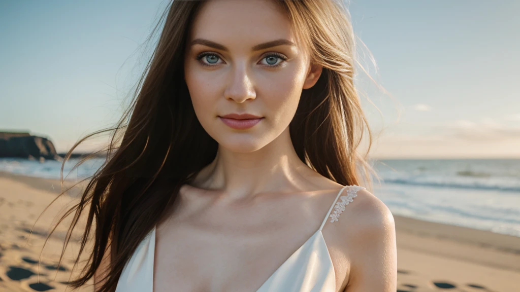 an icelandic woman with beautiful Delicate eyes, Beautiful and delicate lips, Extremely detailed face and skin, Pale skin, 23 years old,Wearing a beautiful wedding dress, medium long shot, Sitting on the beach by the sea, beautiful, natural posture,Beautiful light and shadow，panoramic view, (long legs), (full body portrait). Beautiful photography，Long eyelashes, Good anatomy , Practical skin texture, Delicate eyes, professional, 4K, Wide-angle lens, Optical Depth of Field, Kodak Vision Color, Perfectly proportioned body, Extremely detailed, ultra-photoPractical, Practical, Post-Processing, Maximum details, Roughness, real life, ultra -Practical, Photorealism, photography, 8K Ultra HD, photography