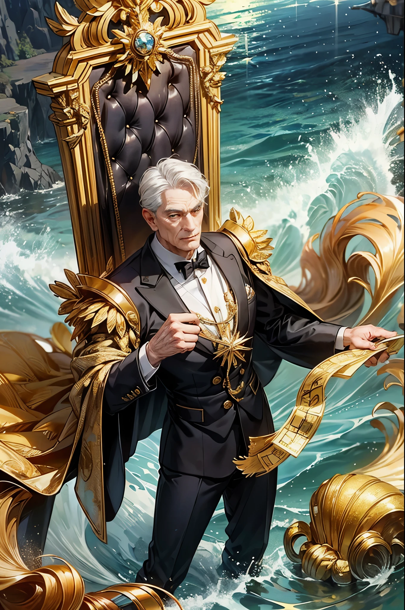 "Creating a surreal image：A handsome 82-year-old man holds a golden wand that exudes the essence of an ocean of money. He should be dressed elegantly., Deep depicts him surrounded by gold coins, Like cascading waves, Glittering gold ingots, and ocean colors, Showing his control over the money. Add a unique gold symbol on his body, Symbolizes his role as the guardian of the gold coin，And reflects the strong, The dynamic energy he possesses."