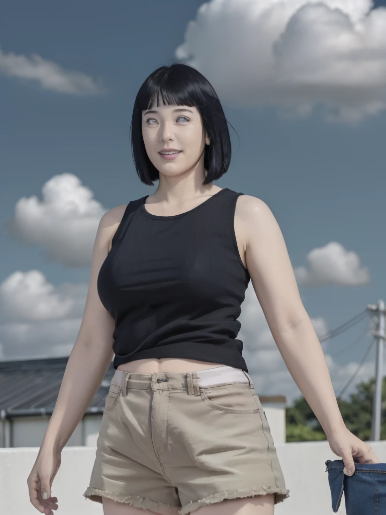 masterpiece, absurdres , (intricate details), (colorful),cinematic lighting,extremely detailed CG unity 8k wallpaper ,hinata\(boruto\), 1milf, mature soft expressions, short-hair, ((black tank-top),(denim hotpants)), (sleeveless), huge breasts,bracelet,wedding ring, cowboy shot, looking back, looking at viewer,smile, red lips, (1arm swaying hair:1.2), outdoors, laundry-ing outdoor, day, cloudy sky, wind, floating hair, falling petals, anime screencap,BREAK, (surrounded by black guys:1.2),