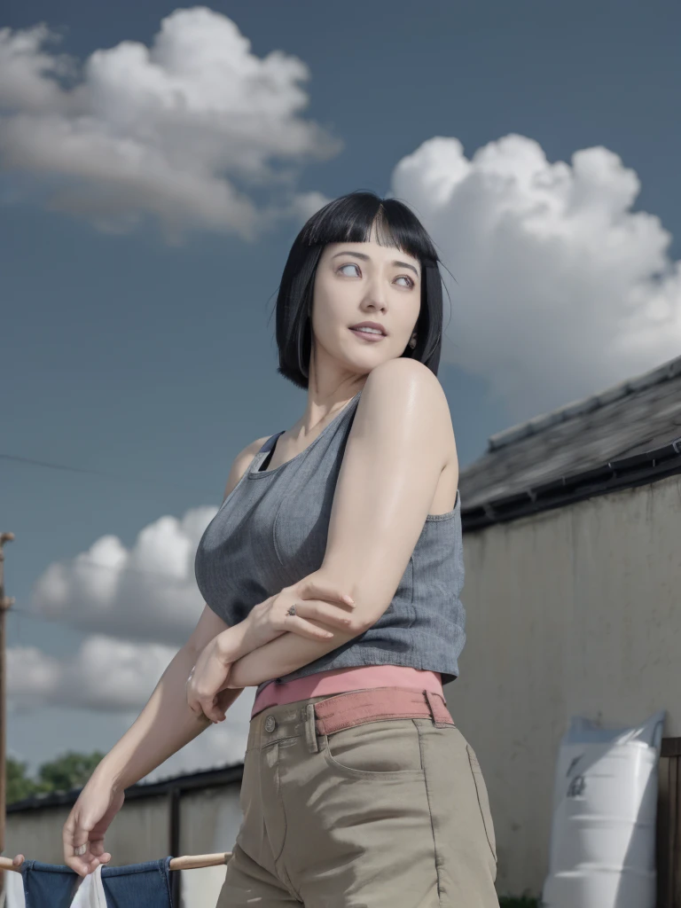 masterpiece, absurdres , (intricate details), (colorful),cinematic lighting,extremely detailed CG unity 8k wallpaper ,hinata\(boruto\), 1milf, mature soft expressions, short-hair, ((black tank-top),(denim hotpants)), (sleeveless), huge breasts,bracelet,wedding ring, cowboy shot, looking back, looking at viewer,smile, red lips, (1arm swaying hair:1.2), outdoors, laundry-ing outdoor, day, cloudy sky, wind, floating hair, falling petals, anime screencap,BREAK, (surrounded by black guys:1.2),