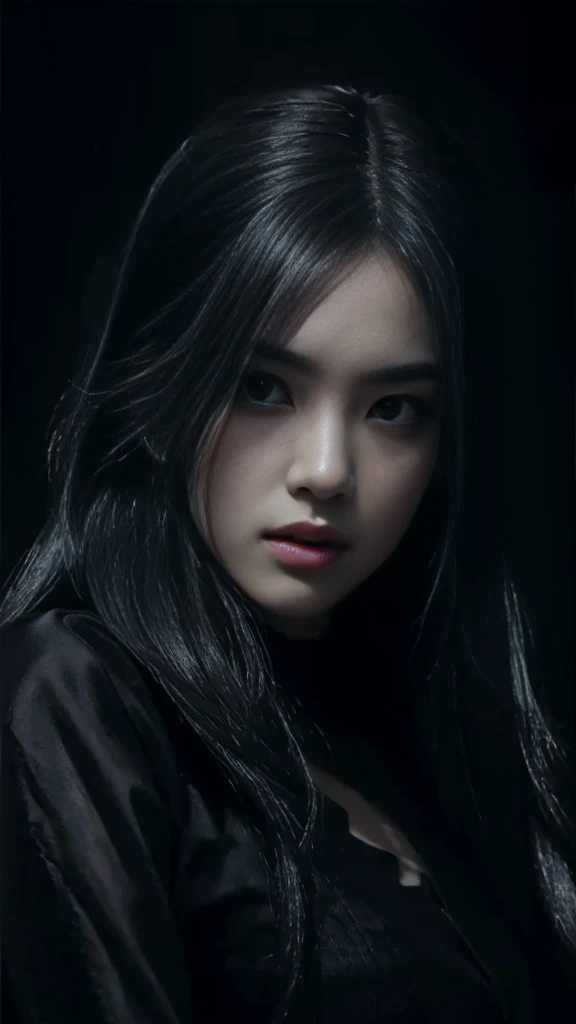 (best quality, highres:1.2), realistic, black dress, black hair, dark theme, black background, dark ninja, intense gaze, elegant posture, flowing dress, detailed facial features, long eyelashes, contrast, fine details, dramatic atmosphere, gothic style, intense emotions, monochrome color palette, captivating setting, haunting beauty, artistic photography, everything is black
