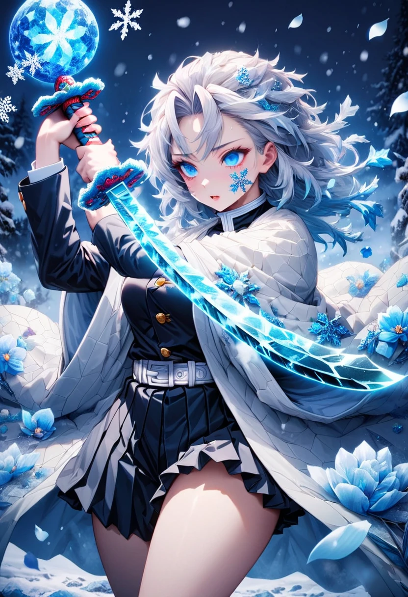 Ultra detailed, highres, absurd, Yùkî Gigaragira, white hair, Cold expressive blue eyes, white haori with patters of snowflakes, black demon slayer uniform, Kimetsu No Yaiba, fantasy, petals, white and blue flowers, beautiful, sexy young lady grabbing a sword, solo, magic, shining snowflakes, blue moon, best quality, extremely detailed face and eyes, snow, grabbing a sword