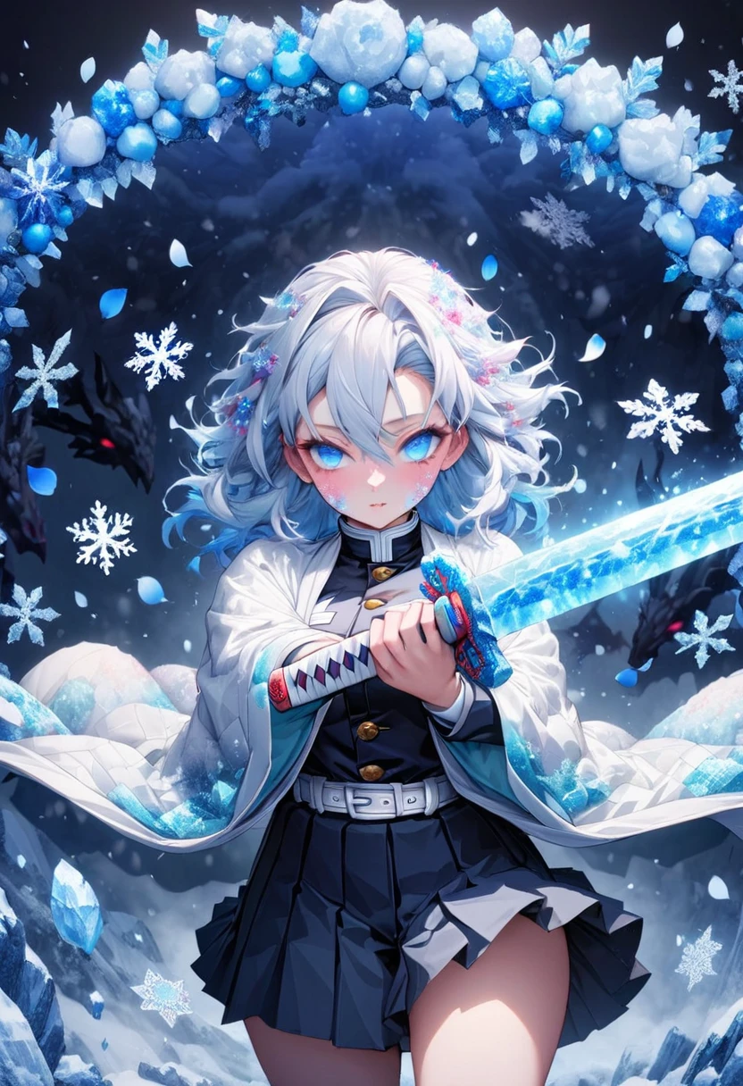 Ultra detailed, highres, absurd, Yùkî Gigaragira, white hair, Cold expressive blue eyes, white haori with patters of snowflakes, black demon slayer uniform, Kimetsu No Yaiba, fantasy, petals, white and blue flowers, beautiful, sexy young lady grabbing a sword, solo, magic, shining snowflakes, blue moon, best quality, extremely detailed face and eyes, snow, grabbing a sword
