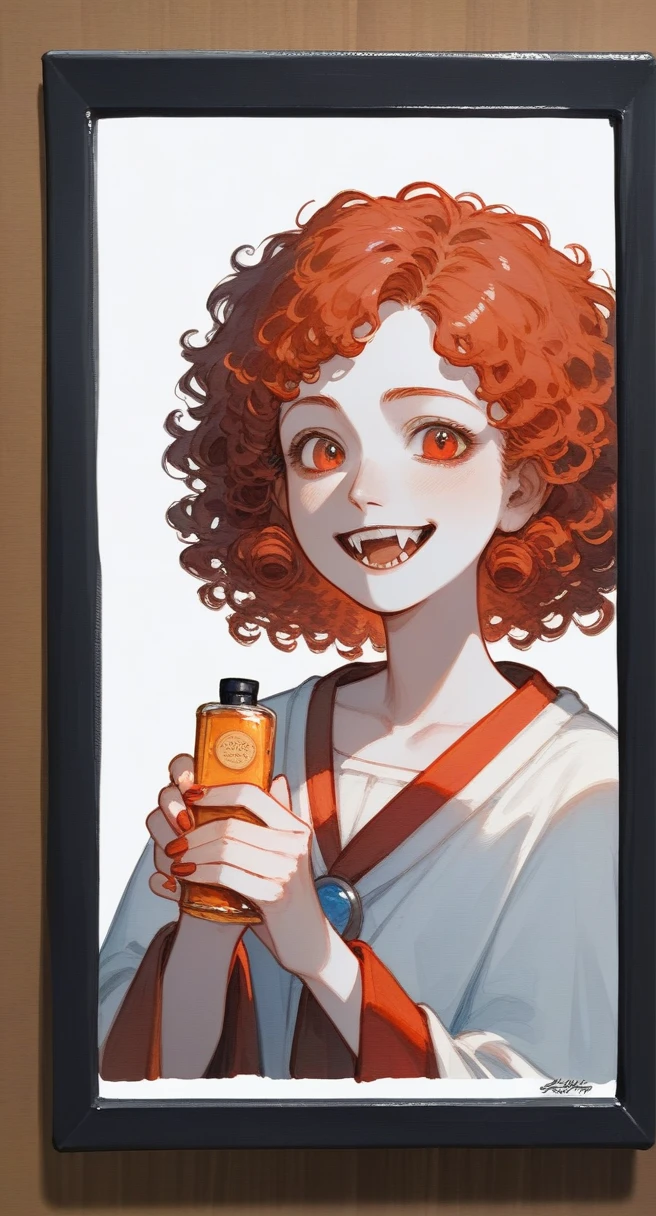make a picture of a portrait of a vampire grandfather and grandson, with red curly hair, ugly, pale skin, fangs, nosferatus, pale skin, old portrait, happy, holding hands, oil illustration, caricature, watercolor style, studio ghibli style, pixar style, full body