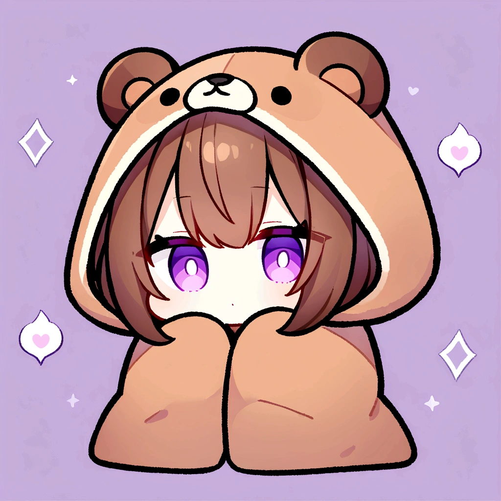 masterpiece, (Highest quality), ((Most detailed)), Brown Hair、Wearing a bear hood、Wear a hooded bear blanket、、Chibi Character、２Head to Body、Wearing a brown bear hoodie、Bear Ears、Purple Eyes、Purple solid background、Illustration icon、Brown long hair