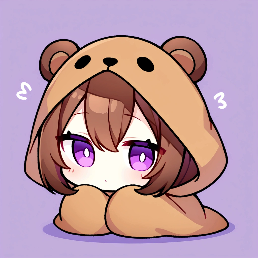 masterpiece, (Highest quality), ((Most detailed)), Brown Hair、Wearing a bear hood、Wear a hooded bear blanket、、Chibi Character、2Head to Body、Wearing a brown bear hoodie、Bear Ears、Purple Eyes、Purple solid background、Illustration icon、Brown long hair