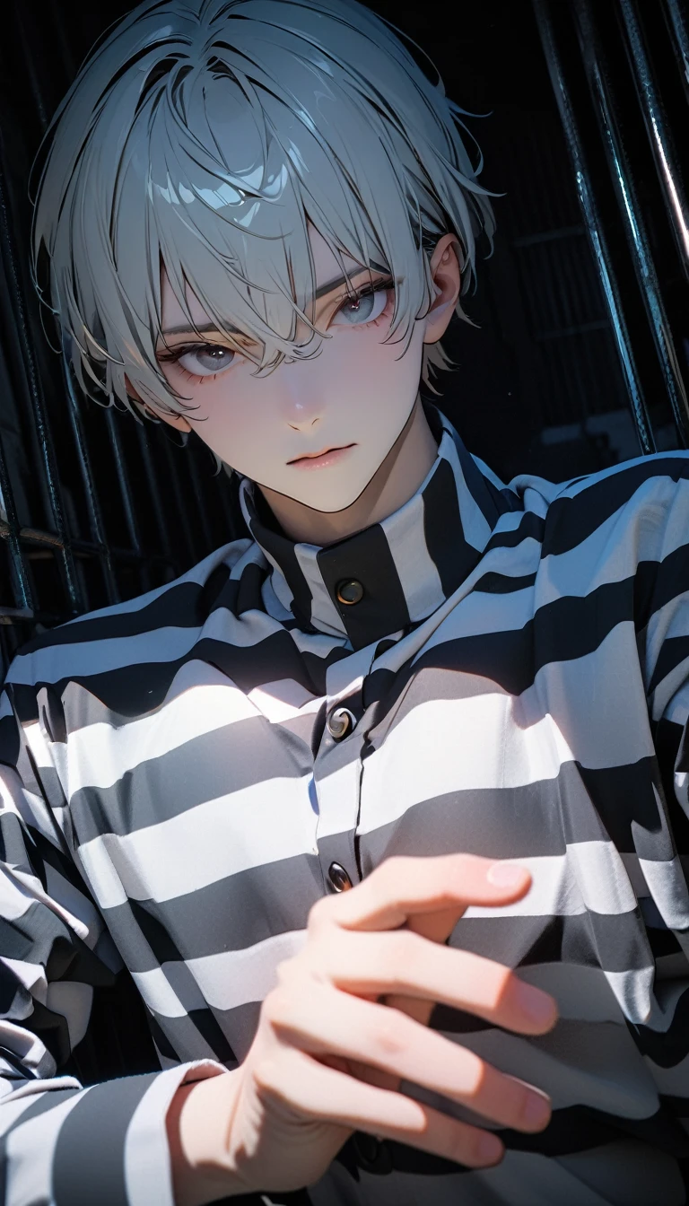 (8K, RAW photos, best quality, masterpiece: 1.4), (((Boy looking at his palm)))，Ultra-high resolution, Extremely detailed, light, Upper body close-up, handsome boy, black eyes, (delicate eyes, Eyes are bright:1.2), Gray short hair, Fair skin,dark, Black and white striped prison uniform,Black and white striped prison pants,(perfect anatomy:1.2), High-quality shadows, Natural Lighting, (White highlights:1.2), night, cloudy day, (Dark room:1.2), (The prison is surrounded by steel walls.:1.2)