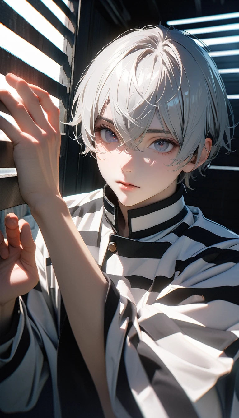 (8K, RAW photos, best quality, masterpiece: 1.4), (((Boy looking at his palm))),Ultra-high resolution, Extremely detailed, light, Upper body close-up, handsome boy, black eyes, (delicate eyes, Eyes are bright:1.2), Gray short hair, Fair skin,dark, Black and white striped prison uniform,Black and white striped prison pants,(perfect anatomy:1.2), High-quality shadows, Natural Lighting, (White highlights:1.2), night, cloudy day, (Dark room:1.2), (The prison is surrounded by steel walls.:1.2)