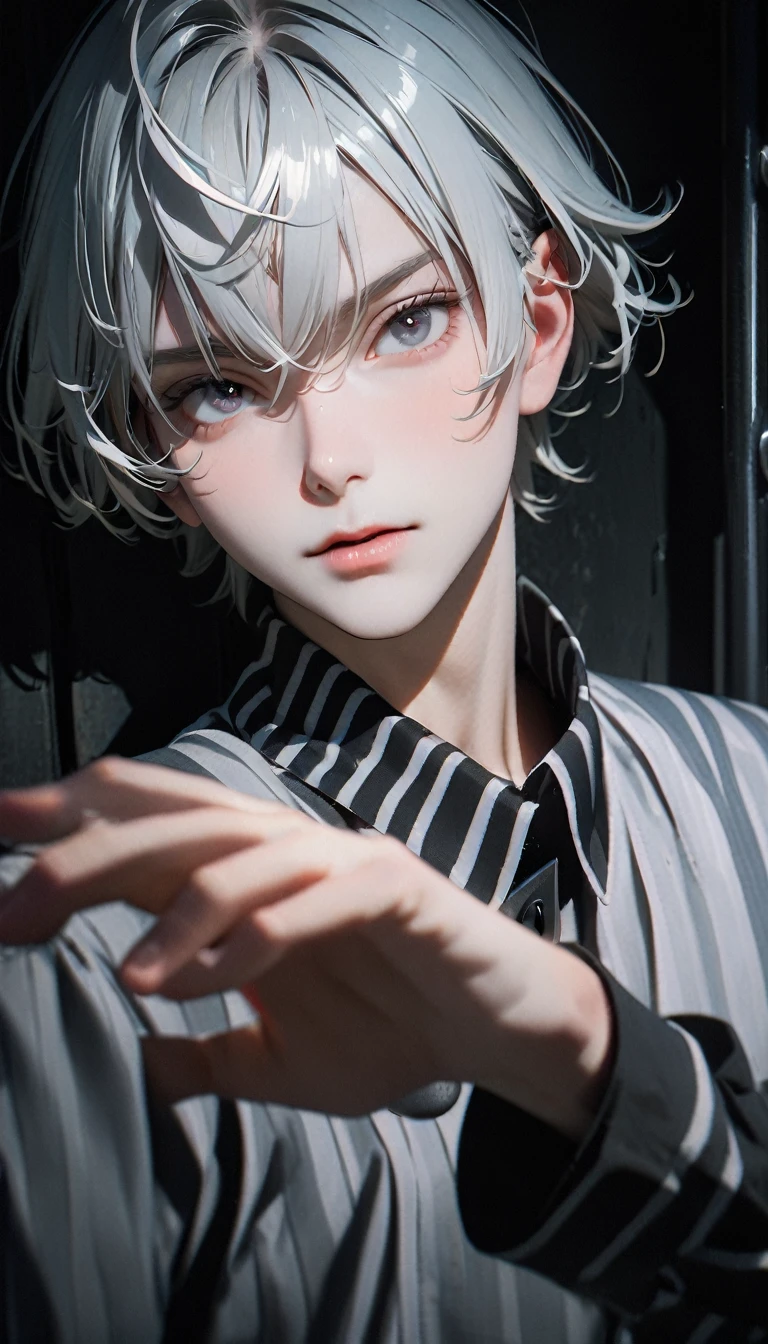 (8K, RAW photos, best quality, masterpiece: 1.4), (((Boy looking at his palm))),Ultra-high resolution, Extremely detailed, light, Upper body close-up, handsome boy, black eyes, (delicate eyes, Eyes are bright:1.2), Gray short hair, Fair skin,dark, Black and white striped prison uniform,Black and white striped prison pants,(perfect anatomy:1.2), High-quality shadows, Natural Lighting, (White highlights:1.2), night, cloudy day, (Dark room:1.2), (The prison is surrounded by steel walls.:1.2)