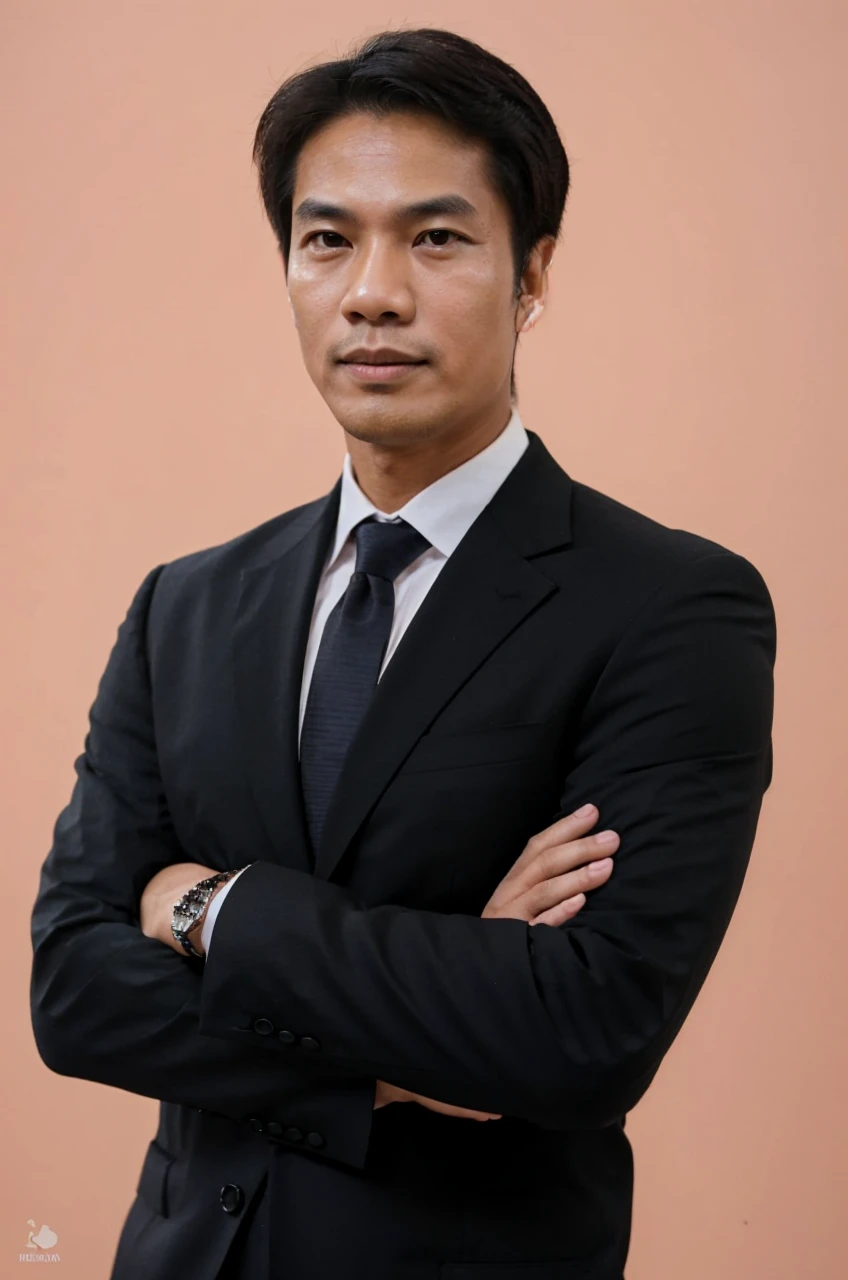 A Thai man wearing a black suit stands with his arms crossed over his chest.