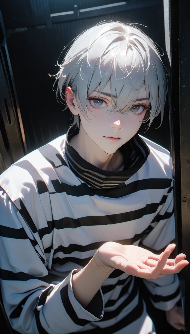 (8K, RAW photos, best quality, masterpiece: 1.4), (((Boy looking at his palm))),Ultra-high resolution, Extremely detailed, light, Upper body close-up, handsome boy, black eyes, (delicate eyes, Eyes are bright:1.2), Gray short hair, Fair skin,dark, Black and white striped prison uniform,Black and white striped prison pants,(perfect anatomy:1.2), High-quality shadows, Natural Lighting, (White highlights:1.2), night, cloudy day, (Dark room:1.2), (The prison is surrounded by steel walls.:1.2)