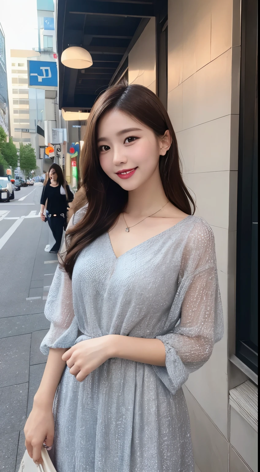 Tabletop, Highest quality, figure, Super detailed, In detail, High resolution, 8k wallpaper, Perfect dynamic composition, Beautiful attention to detail, dress,Medium Hair, Center of chest, Natural color lip, Random sexy poses,smile,Aoyama Street Walk、20-year-old girl