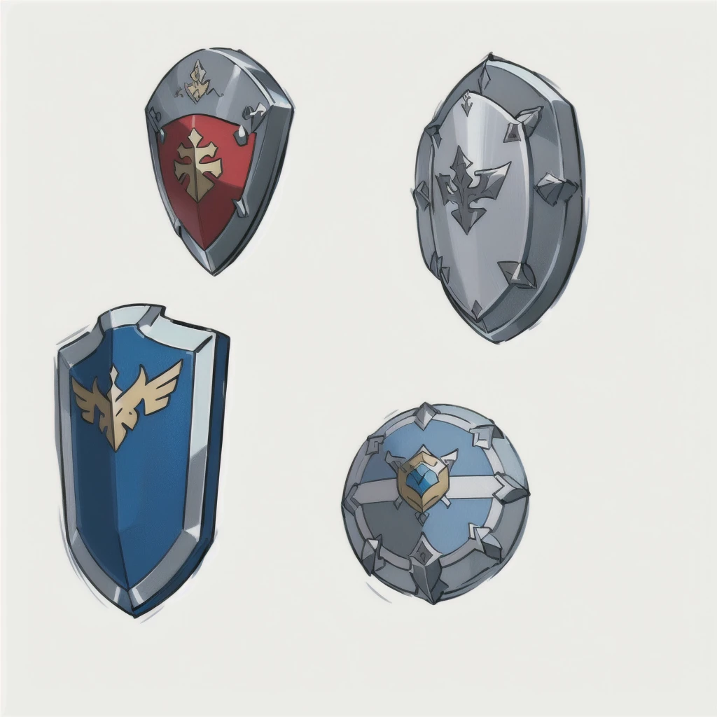 a close up of a bunch of different shields on a white background, shields, shield design, shield, fantasy shield, armor elements, shield, holding weapon and shield, riot shields, RPG Game Items, metallic shield, Game Assets, game icon asset, video Game Assets, pokemon sword and shield, 2 d Game Assets, weapons and armors