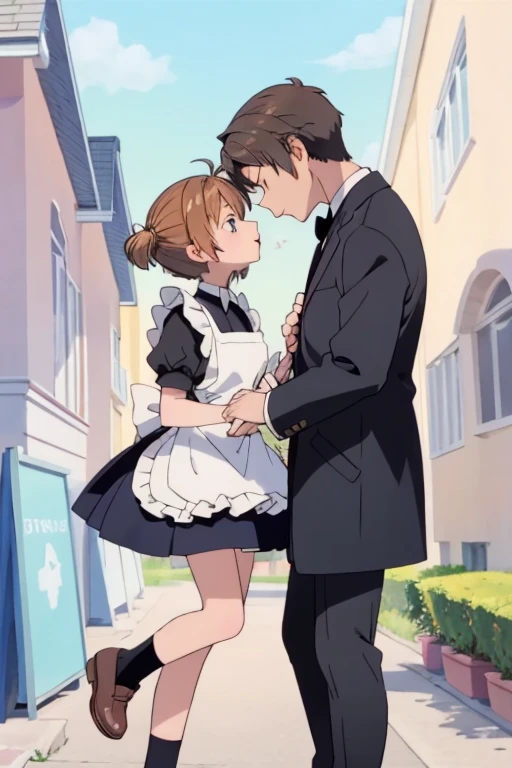 anime,cute, Couple,Kissing in a big park,One is a 10-year-old magical girl wearing an apron dress.、The other is a 25-year-old man wearing a black suit..,Chestnut short bob hair,Ruffled Apron Dresses,Wear a petticoat,Wear knee-high socks,The man is wearing a black tie,Because the man is 25 cm taller、The man tilted his head、The woman stretches out and kisses him,Beautiful background,High resolution backgrounds