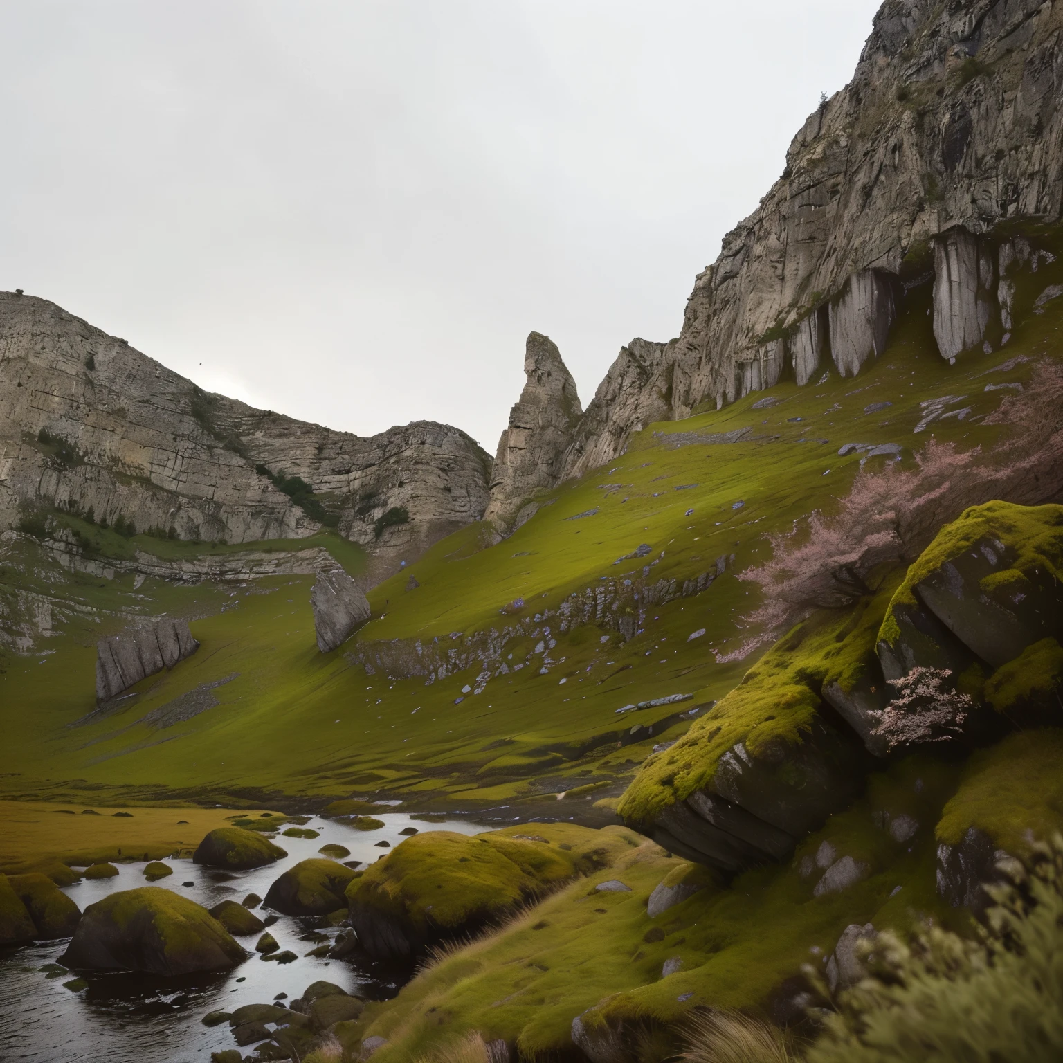 hill of stones and moss. stone cliffs