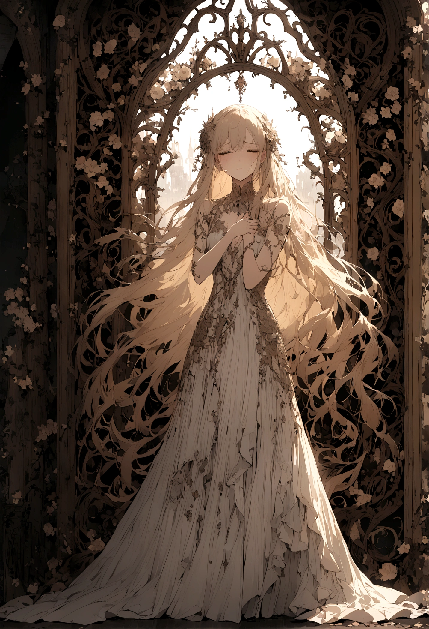 Passing by,broken的门框,Push open the door,Fragments,Sad expression,Tears,beautiful,Long hair,((broken的镜片)),broken