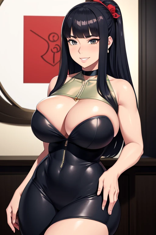 [a handsome, y matman with a seductive smile and parted lips stands against a white background. darkskin, She has sharp eyelashes, eyes browns, and long black hair with bangs. His figure is voluptuous, with a narrow waist, Broad Hips, and huge breasts. ge has an impact, Genshin-inspired style, rendered in high detail and HDR quality as a stunning work of art.]