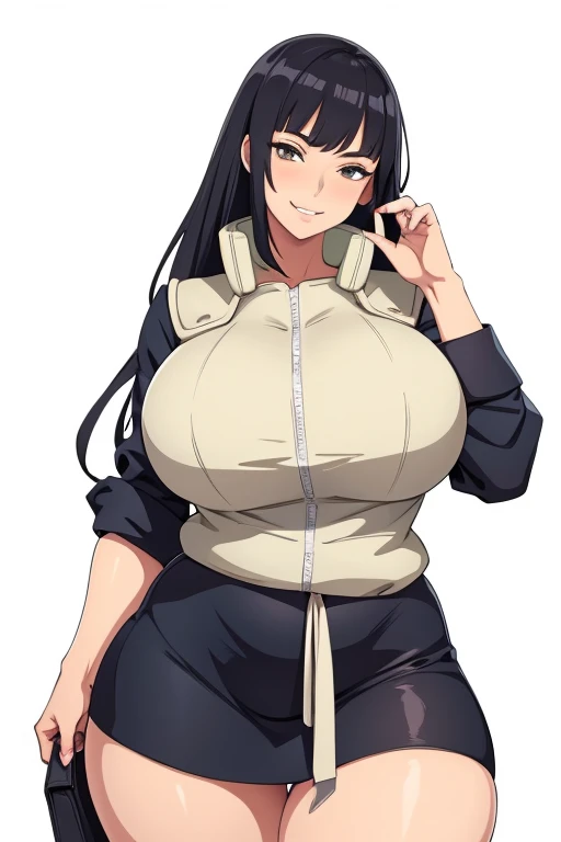 [a handsome, sexy mature woman with a seductive smile and parted lips stands against a white background. darkskin, She has sharp eyelashes, eyes browns, and long black hair with bangs. His figure is voluptuous, with a narrow waist, Broad Hips, and huge breasts. The image has an impact, Genshin-inspired style, rendered in high detail and HDR quality as a stunning work of art.]