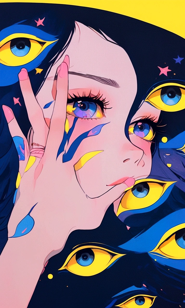 a close up of a person with a hand on their face, anime vibes, dreamy psychedelic anime, anime style illustration, anime aesthetic, inspired by Harumi Hironaka, anime style 4 k, yellow eyes, anime illustration, trending anime artwork, anime art wallpaper 4 k, anime art wallpaper 4k, with multiple eyes, trending anime art, digital anime illustration