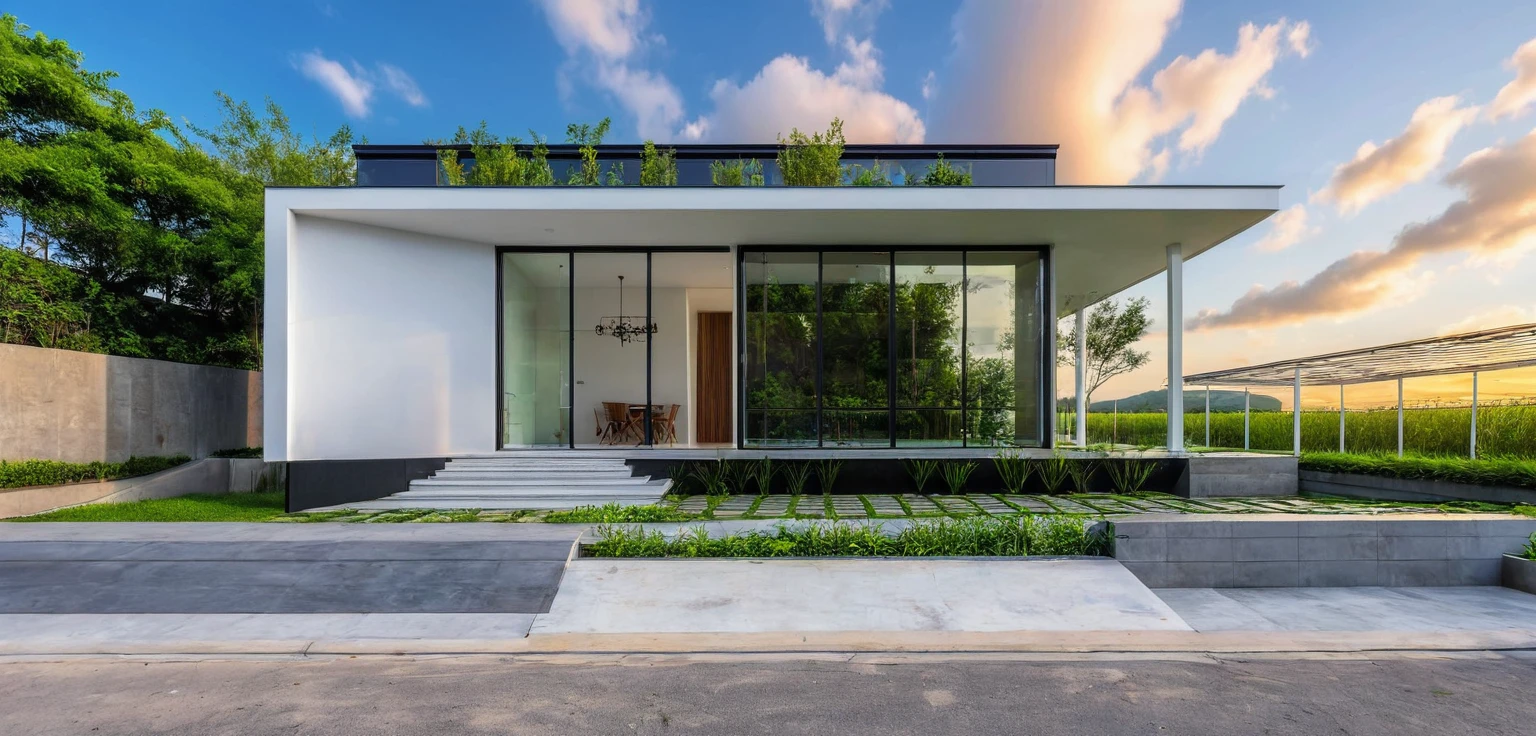 masterpiece, best quality, exterior design, (sunset), single 1 storie modern house on the Vietnam village, marble, steel, modern dark tiled granite and white walls facade, wooden ceiling, large glass, minimalist modern style, green shrubs and tropical tree background, large door and windows.
