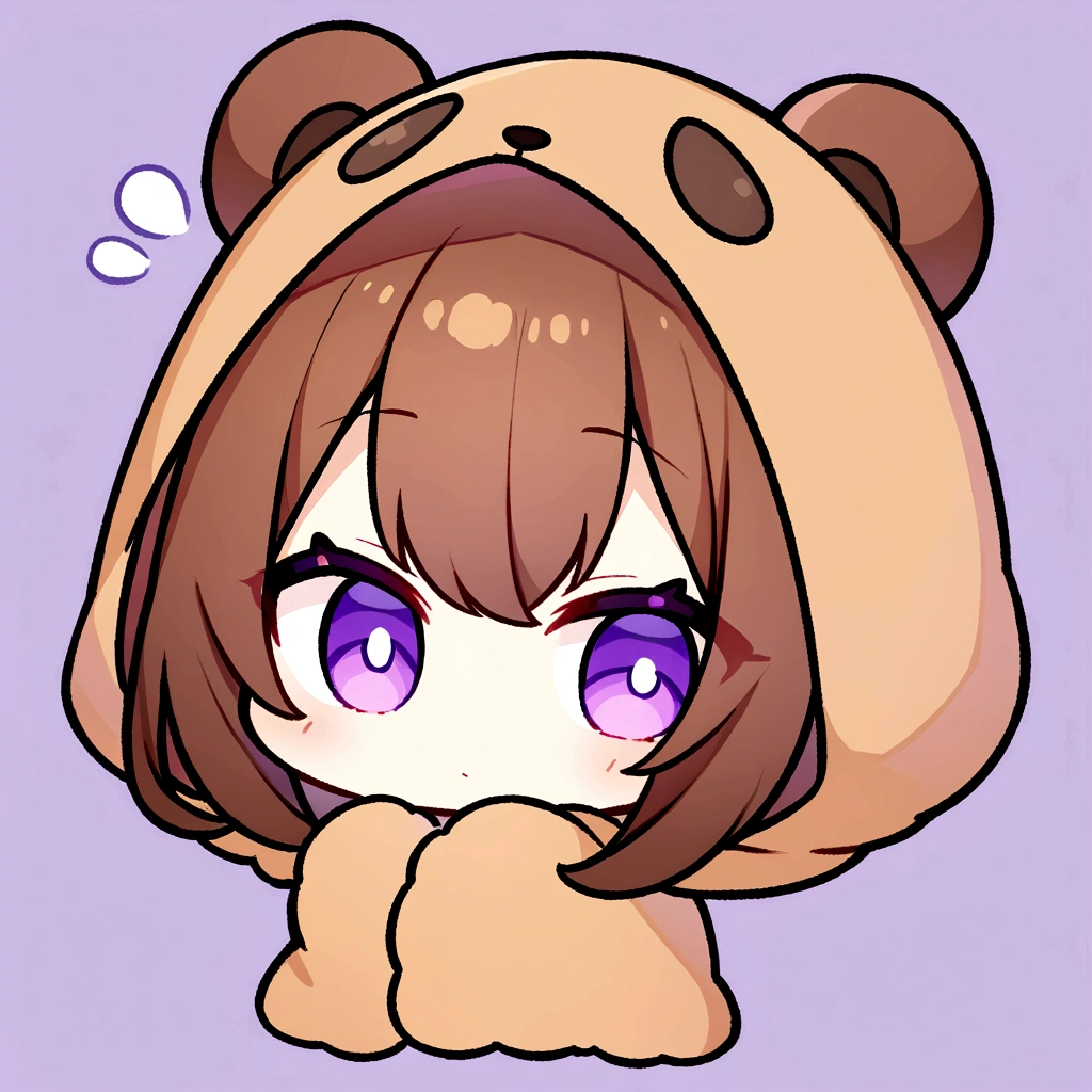 masterpiece, (Highest quality), ((Most detailed)), Brown Hair、Wearing a bear hood、Wear a hooded bear blanket、、Chibi Character、２Head to Body、Wearing a brown bear hoodie、Bear Ears、Purple Eyes、Purple solid background、Illustration icon、Brown long hair、Fluffy hoodie