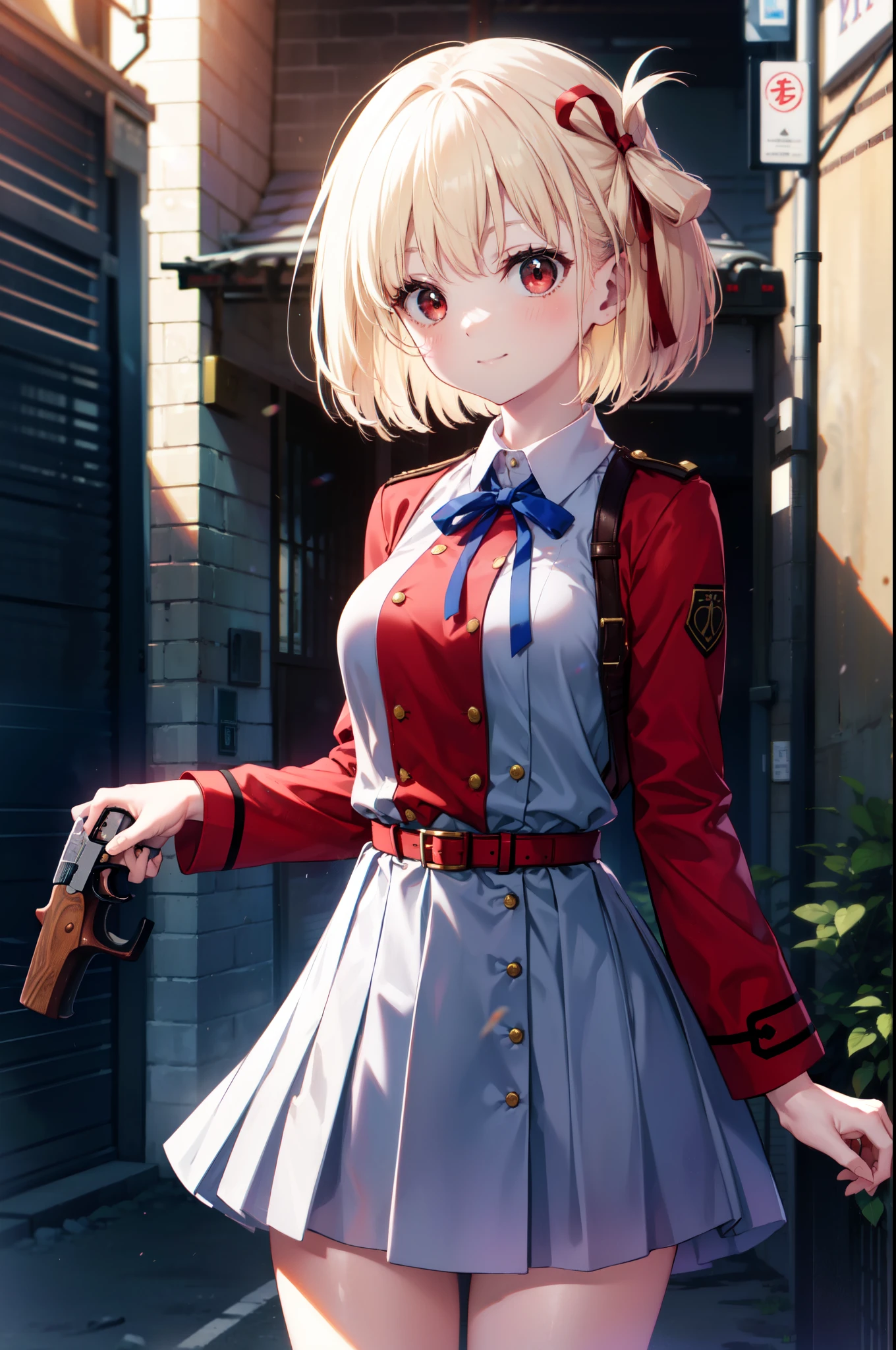 Nishikigi chisato, short hair, bangs, Blonde, (Red eyes:1.5), hair ribbon, One side up, Bobcut,smile,victory,
break shirt, Long sleeve, dress, ribbon, White shirt, Collared shirt, belt, neck ribbon, red dress, blue ribbon, pleated dress, grey dress, two-tone dress, red belt, Uniform Sake,Target, Has a pistol, Handgun, 膝を地面に着けている
break outdoors, city,alley,
break looking at viewer, (Cowboy Shot:1.5),
break (masterpiece:1.2), Highest quality, High resolution, unity 8k wallpaper, (shape:0.8), (Beautiful and beautiful eyes:1.6), Highly detailed face, Perfect lighting, Highly detailed CG, (Perfect hands, Perfect Anatomy),