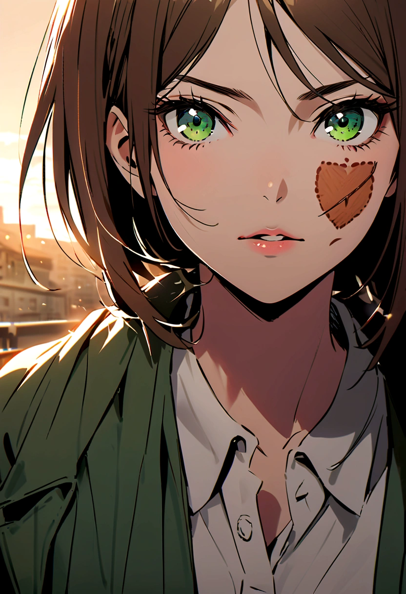 Attack on titan, girl with long brown hair, bright green eyes with a beauty mark on her cheek
