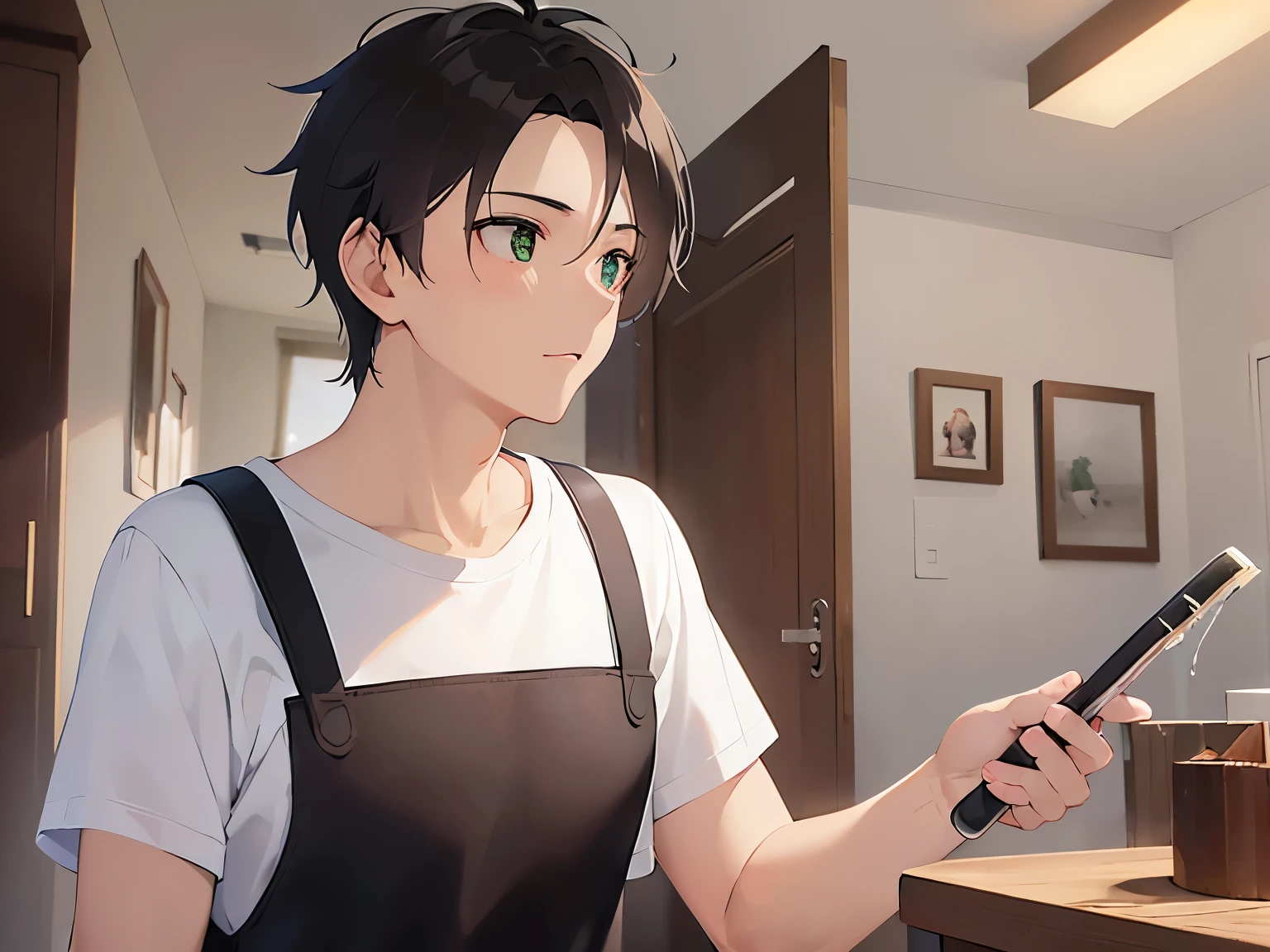 upper body,(looking away:1.5), shiny skin,masterpiece、Highest quality、(25-year-old male:1.5) and (Brown short hair) and (Green Eyes),(White T-shirt:1.5),The background is the living room,(alone:1.5)、apron、Vacuuming