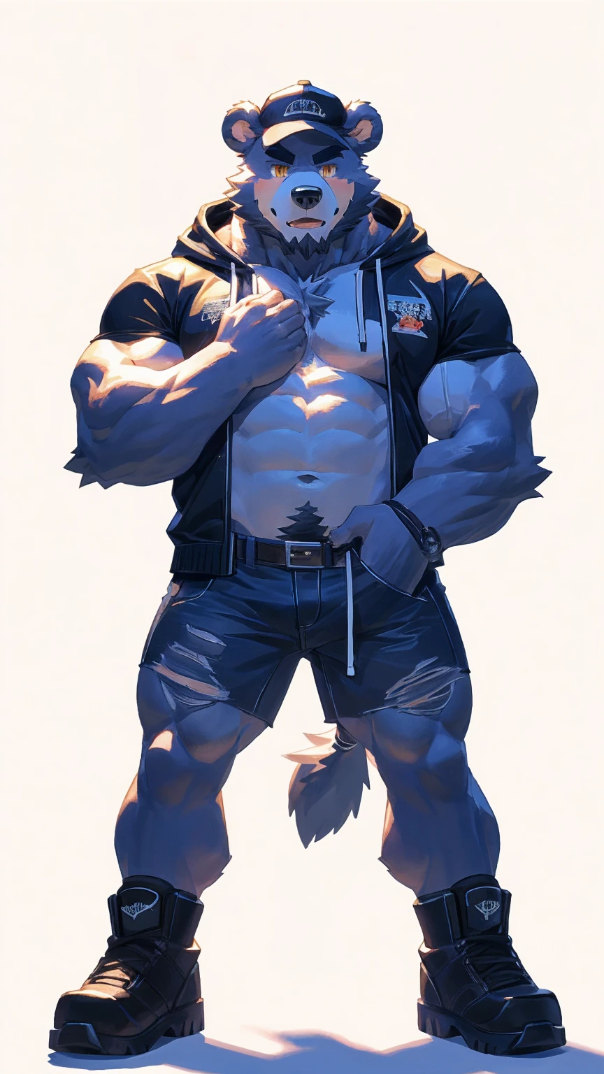 (masterpiece:1.2), best quality,pixiv,official art,perfect anatomy, (Ray tracing, light),solo, (1_male:1.3) , (muscle), (grey fur:1.4), (muscle bear), (beard:1.2), (gleaming golden eyes), bear tail, full body, Thick black eyebrows, baseball cap, (open short hoodie), (naked inside),Ripped short jeans, black short boots, (pure white background: 1.3), (front view: 1.3)