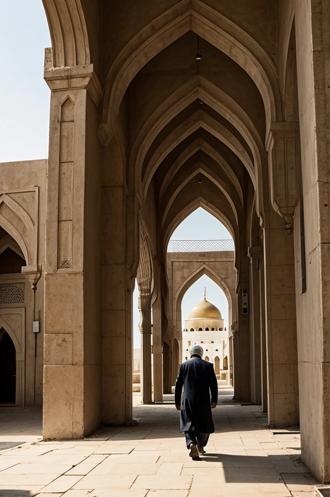 An old man walks behind the mosque
