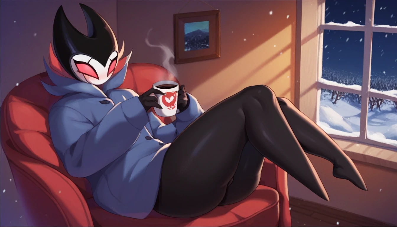 score_9, score_8_up, score_7_up, score_6_up, zPDXL2, grimm \(hollow knight\), vampire, bat, 1boy, solo, cute face, detailed eyes, thick thighs, tiny, thick ass, background, seductive look, landscape, near a window, snow falling outside, holding a cup of coffee, sitting in an armchair, living room, at night, near the fireplace, drinking coffee, winter coat, femboy, NSFW