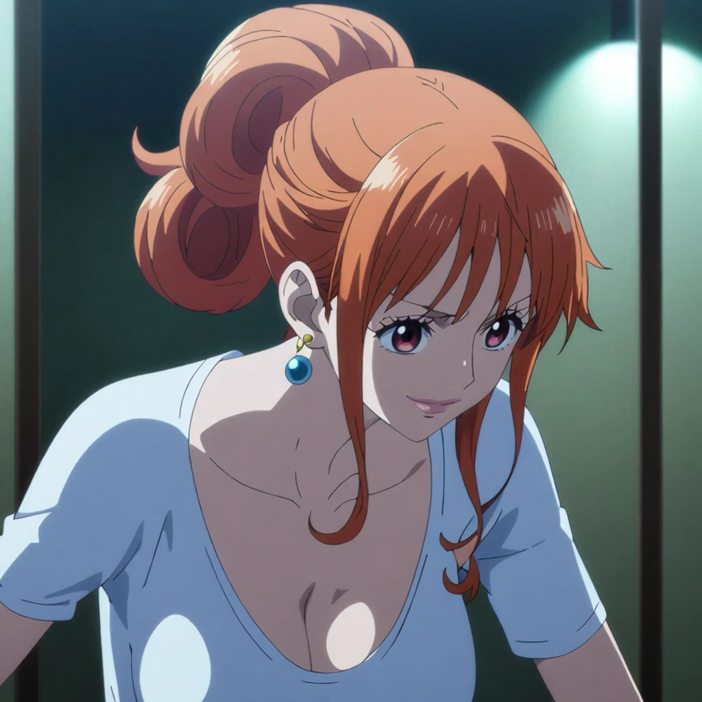 1girl, female nami, anime screencap from one piece, nami female version, solo, Red eyes ((Red_hair) ((hair twisted updo)), night view, (hanging breasts) upper_body, smile, indoors, book, red_eyes, lips, (elegant hairstyle, loose tendrils) ((wearing shirt)) breast, "very detailed and high resolution" (Red eyes) ((solo)) (front view) (earings) ((high resolution)) ((good quality)) ((elegant hairstyle)) (standing)