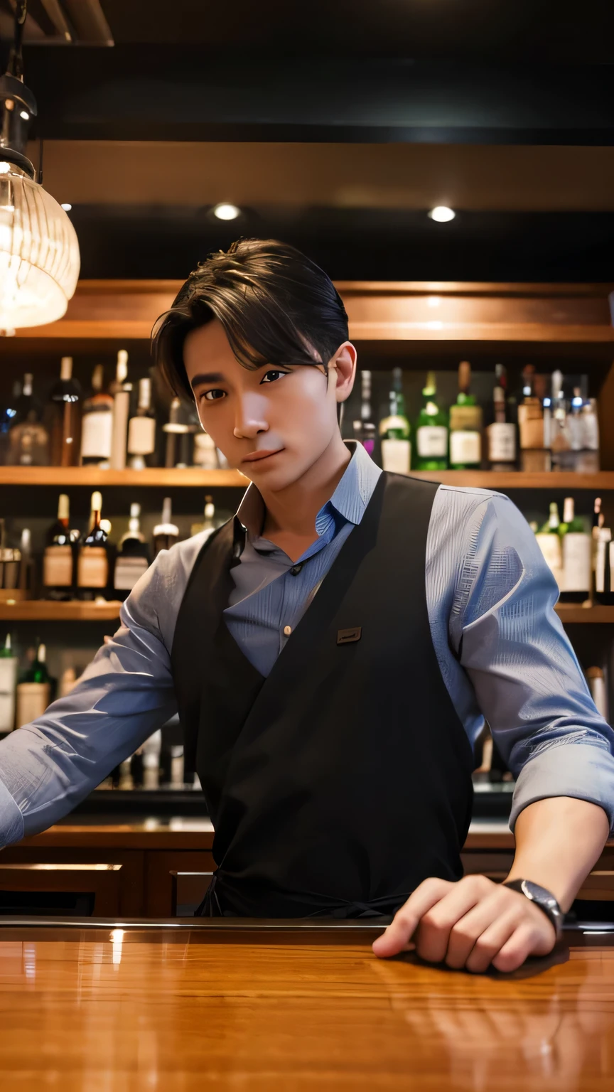 Dark Bar、Stylish bar、counter、Front of the bar counter、A male bartender is standing、Front view of the bartender、A bartender looking straight into the camera、Angle above the waist、Looking at this、welcome、Front angle、Customer Perspective、Angle of subjectivity