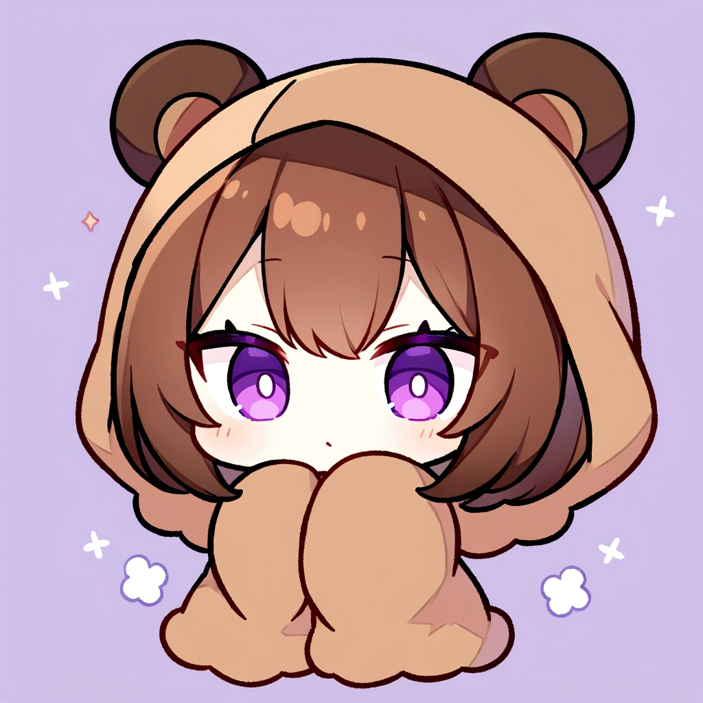 masterpiece, (Highest quality), ((Most detailed)), Brown Hair、Wearing a bear hood、Bear hooded blanket、whole body、Chibi Character、２Head to Body、Wearing a brown bear hoodie、Bear Ears、Purple Eyes、Purple solid background、Illustration icon、Brown long hair、Fluffy hoodie