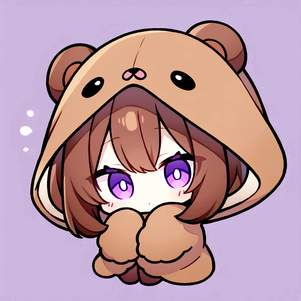 masterpiece, (Highest quality), ((Most detailed)), Brown Hair、Wearing a bear hood、Bear hooded blanket、whole body、Chibi Character、２Head to Body、Wearing a brown bear hoodie、Bear Ears、Purple Eyes、Purple solid background、Illustration icon、Brown long hair、Fluffy hoodie