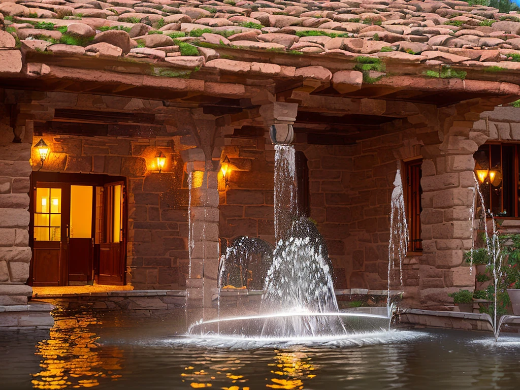 (((Masterpiece))), (high quality),(Small Western-style building,One-storey,Cobblestone garden),(Broken fountain,There is no water coming out:1.5),(There is no one here:1.2),(Long Shot,Photograph the entire Western-style building:1.5)