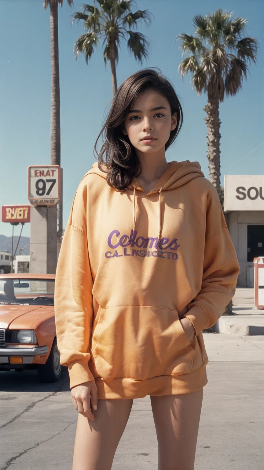 ultra detail, 8k portrait ((long shot full body photography)) ((best quality)), ((masterpiece)), (detailed), perfect beautiful face ,25 yo beautiful women ((orange color oversized_hoodie_e)) ((hoodie:1.5)), wear ((purple tennis skirt)), ((perfect natural breast)) perfect face, perfectly eyes, perfect lips, black bob hairstyles ,found footage, retro, 90's, old photo, photo noise, old photo, retro, masterpiece, raw photo, film photo, old, noisy photo, in front of the camera, casual photo, grain photo, in front of the camera, VHS footage, VHS look, chromatic aberration( low chromatic aberration), film footage, grainy photo, dirty photo, posing, retro photo, vintage photo, old, 90's, ((background at old 80's gas station California)),(palm trees), blue sky, summer, los angles vibes, film by ((Wes Anderson style effect color)), 800mm lens,style of Philip Lorca diCorcia