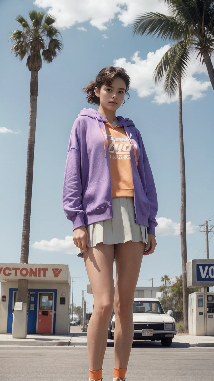 ultra detail, 8k portrait ((long shot full body photography)) ((best quality)), ((masterpiece)), (detailed), perfect beautiful face ,25 yo beautiful women ((orange color oversized_hoodie_e)) ((hoodie:1.5)), wear ((purple tennis skirt)), ((perfect natural breast)) perfect face, perfectly eyes, perfect lips, black bob hairstyles ,found footage, retro, 90's, old photo, photo noise, old photo, retro, masterpiece, raw photo, film photo, old, noisy photo, in front of the camera, casual photo, grain photo, in front of the camera, VHS footage, VHS look, chromatic aberration( low chromatic aberration), film footage, grainy photo, dirty photo, posing, retro photo, vintage photo, old, 90's, ((background at old 80's gas station California)),(palm trees), blue sky, summer, los angles vibes, film by ((Wes Anderson style effect color)), 800mm lens,style of Philip Lorca diCorcia